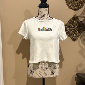 KEITH HARING White ribbed crop top featuring a design of dancing figures JR 2XL